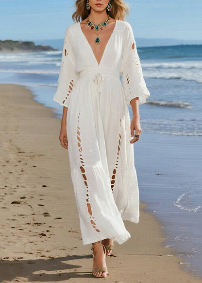 Beige V Neck Hollow Out Cotton Holiday Dresses Spring