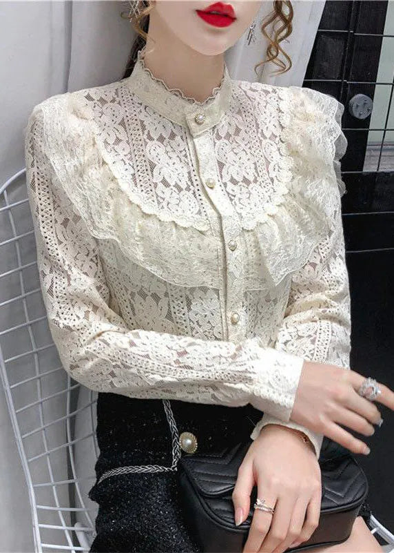 Modern Beige Hollow Out Patchwork Lace Top Long Sleeve