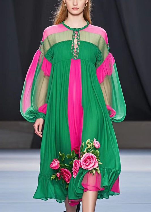 Classy Colorblock Oversized Patchwork Flower Chiffon Dress Spring