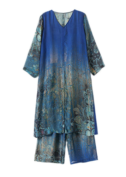Boutique Blue V Neck Side Open Print Silk Dress and Wide Leg Pants Sets Two Pieces Summer