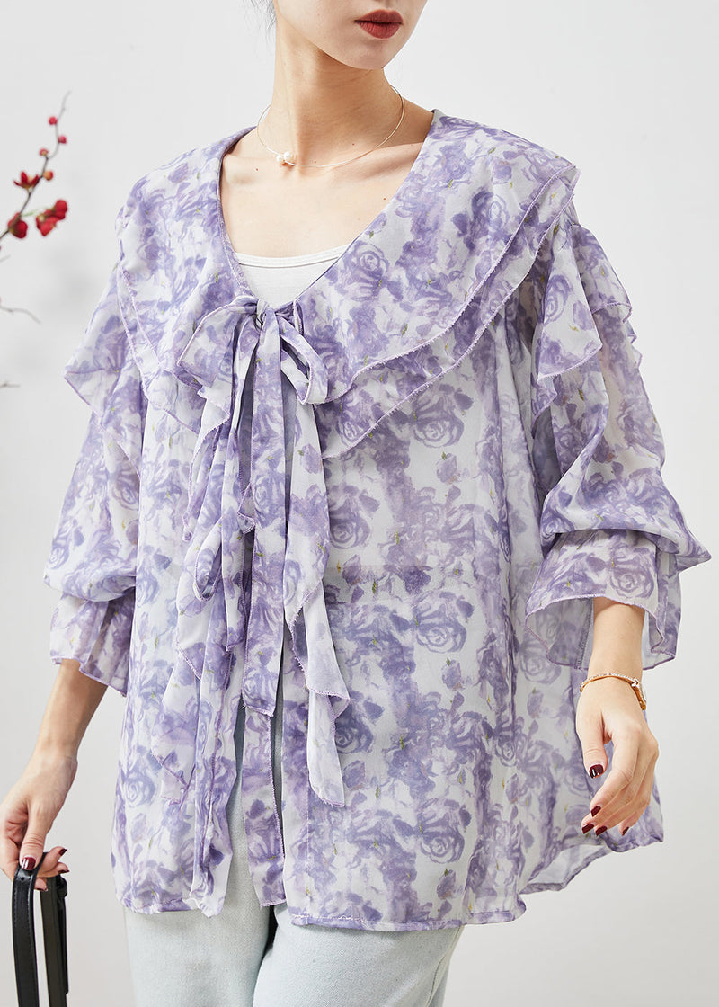 Unique Purple Rose Ruffles Chiffon Shirt Top Spring