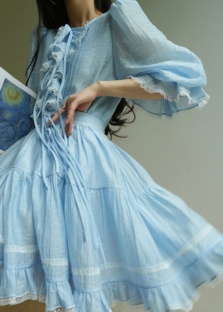Blue Ruffled Lace Shirt and Skirts Cotton Two Pieces Set Half Sleeve