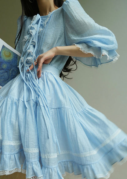 Blue Ruffled Lace Shirt and Skirts Cotton Two Pieces Set Half Sleeve