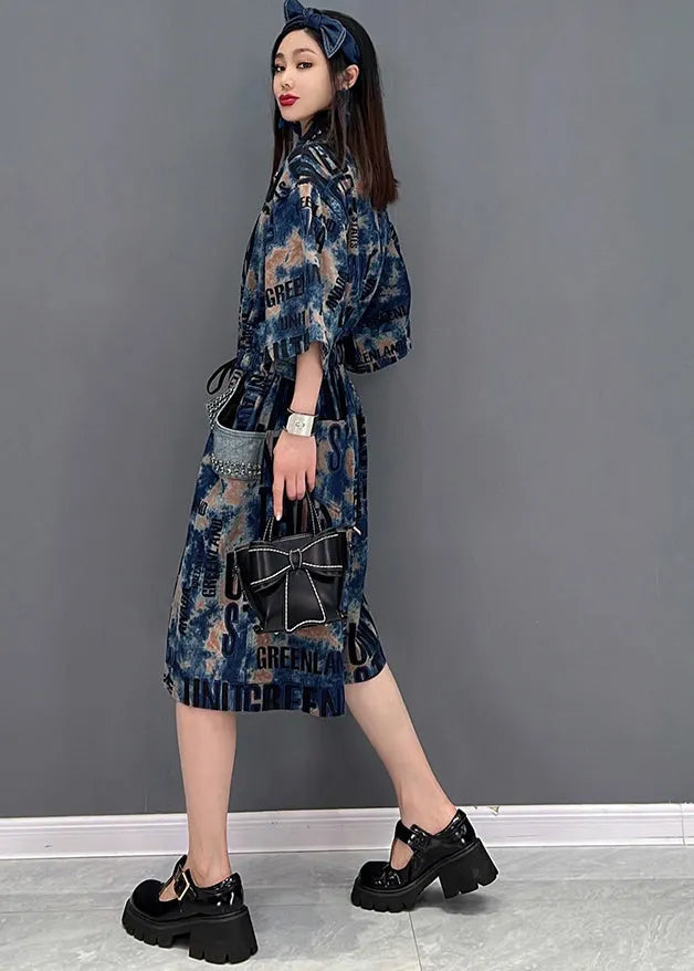 Style Blue Peter Pan Collar Letter Print Diamond Cotton Denim Jumpsuit Half Sleeve
