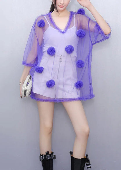 Art Purple V Neck Thin Tulle Tops Summer