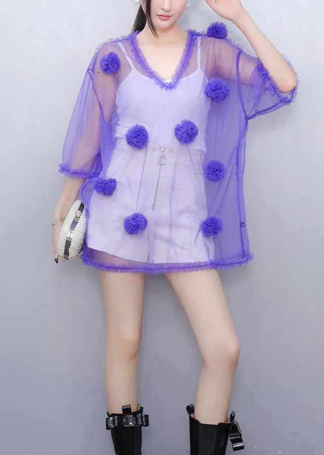 Art Purple V Neck Thin Tulle Tops Summer