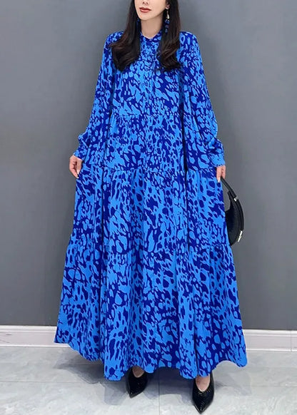 Loose Blue Button Print Patchwork Cotton Shirts Dresses Fall