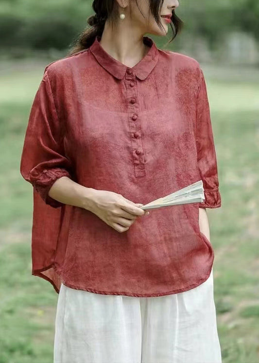 Red Peter Pan Collar Patchwork Button Linen Tops Long Sleeve