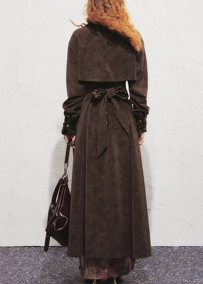 Chocolate Leopard Tie Waist Faux Suede Long?trench?coat Winter