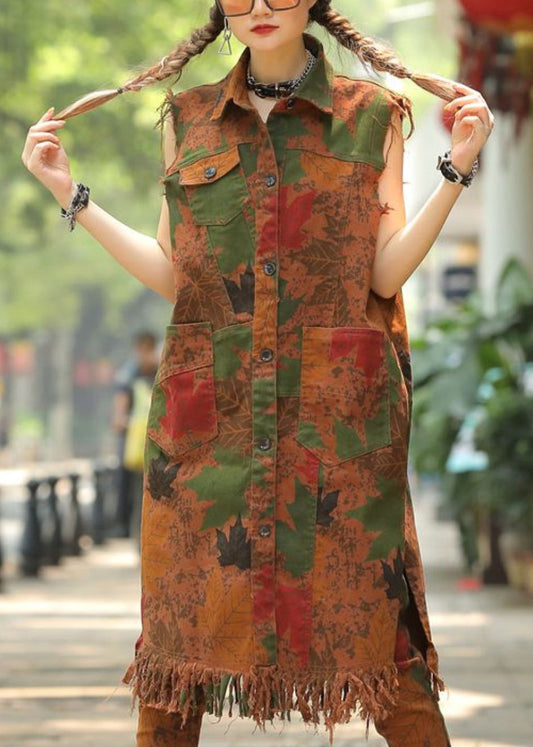 Army Green Peter Pan Collar Print Pockets Tassel Waistcoat Fall