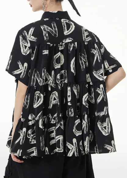 Black Print Wrinkled Patchwork Silk Shirt Short Sleeve