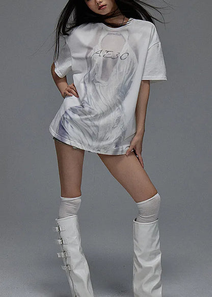 French White O Neck Print Tulle Patchwork Cotton T Shirt Summer
