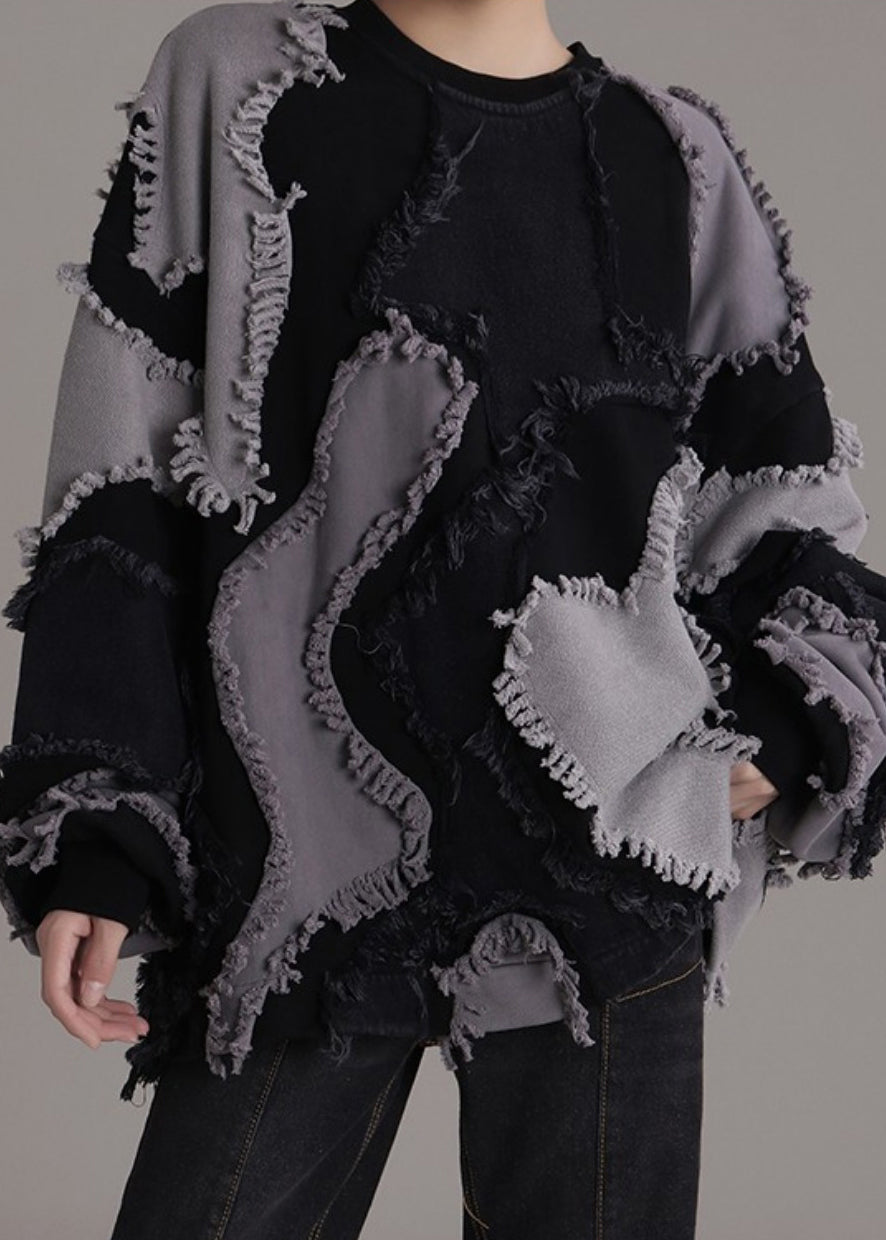 Black O-neck Patchwork Cotton Sweatshirts Long Sleeve