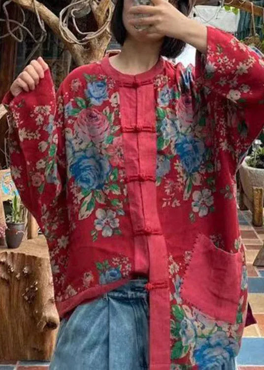 Red O-neck Print Button Pockets Cotton Top Long Sleeve