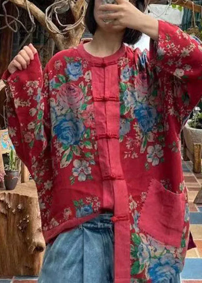 Red O-neck Print Button Pockets Cotton Top Long Sleeve