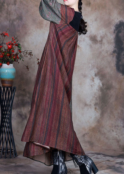 Red Green Retro Patchwork Print Fall Long Sleeve Long Dresses
