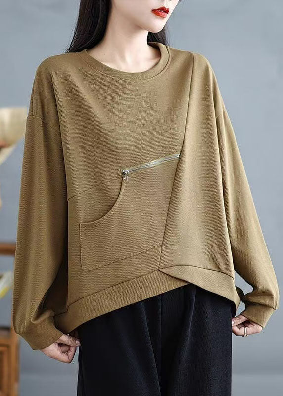 Khaki Zip Up Pockets Patchwork Cotton Top Spring