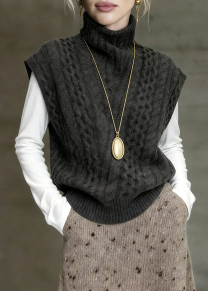 Classy Grey Turtleneck Cable Knit Vest Sleeveless