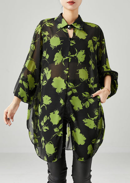 Green Print Chiffon Upf 50+ Shirt Tops Oversized Fall