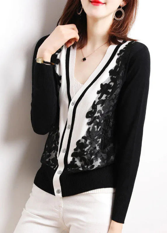 Black V Neck Tulle Patchwork Knit Tops Long Sleeve