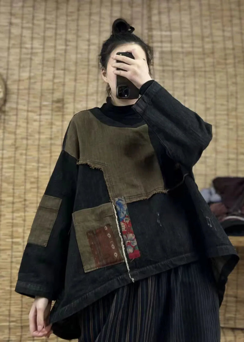 Loose Black Low High Design O-neck Patchwork Sweatshirts Spring