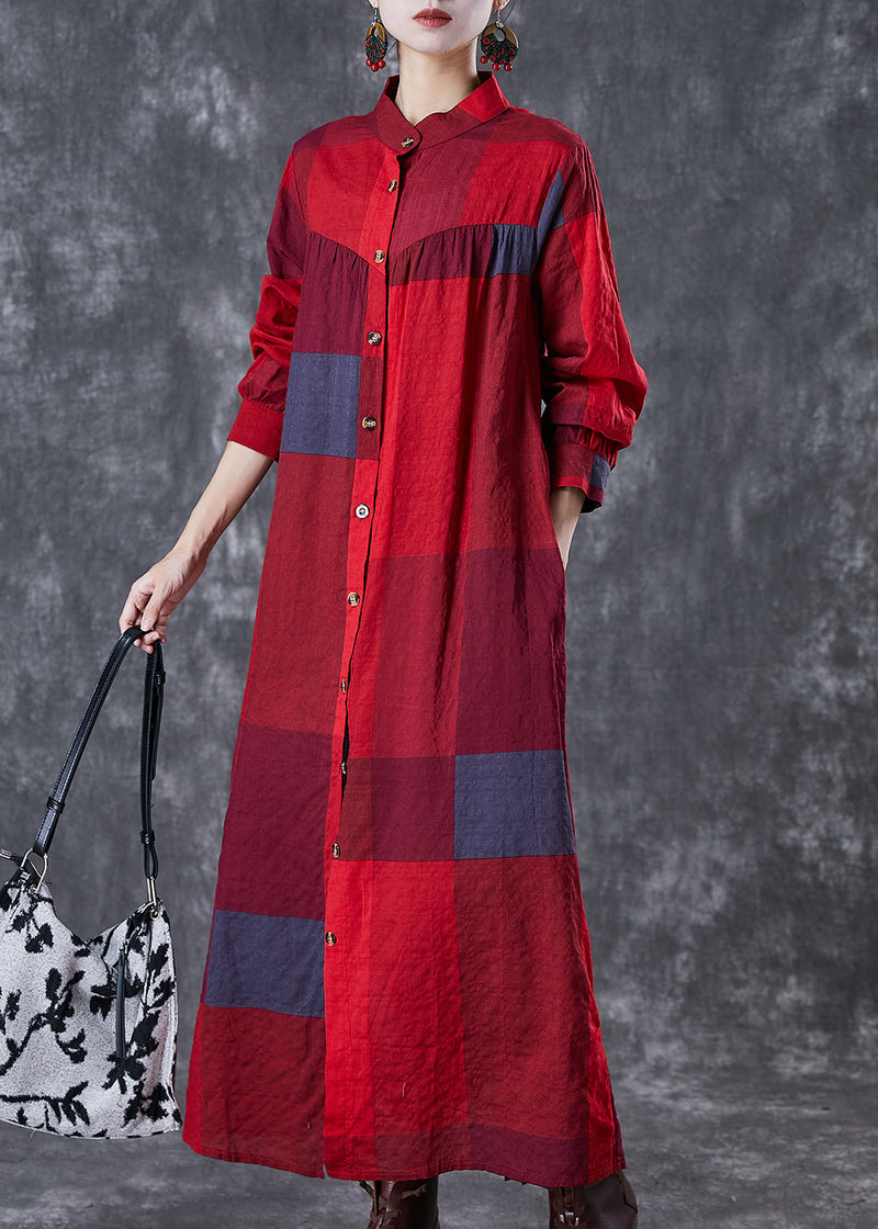 Red Stand Collar Print Linen Long Dresses Fall