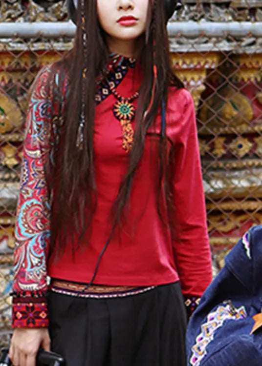 Red Turtleneck Print Cotton Tops Spring