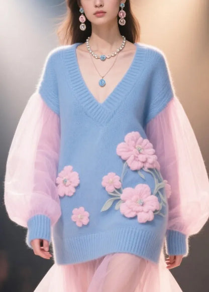 French Blue Flower Decorated Patchwork Tulle Knit Dress Winter
