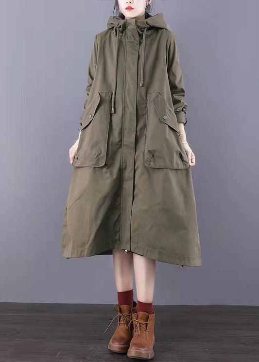 Fitted Army Green Zip Up Pockets Cotton Trench Coats Spring