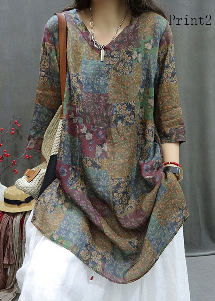 V Neck Print Cotton Mid Shirts Half Sleeve