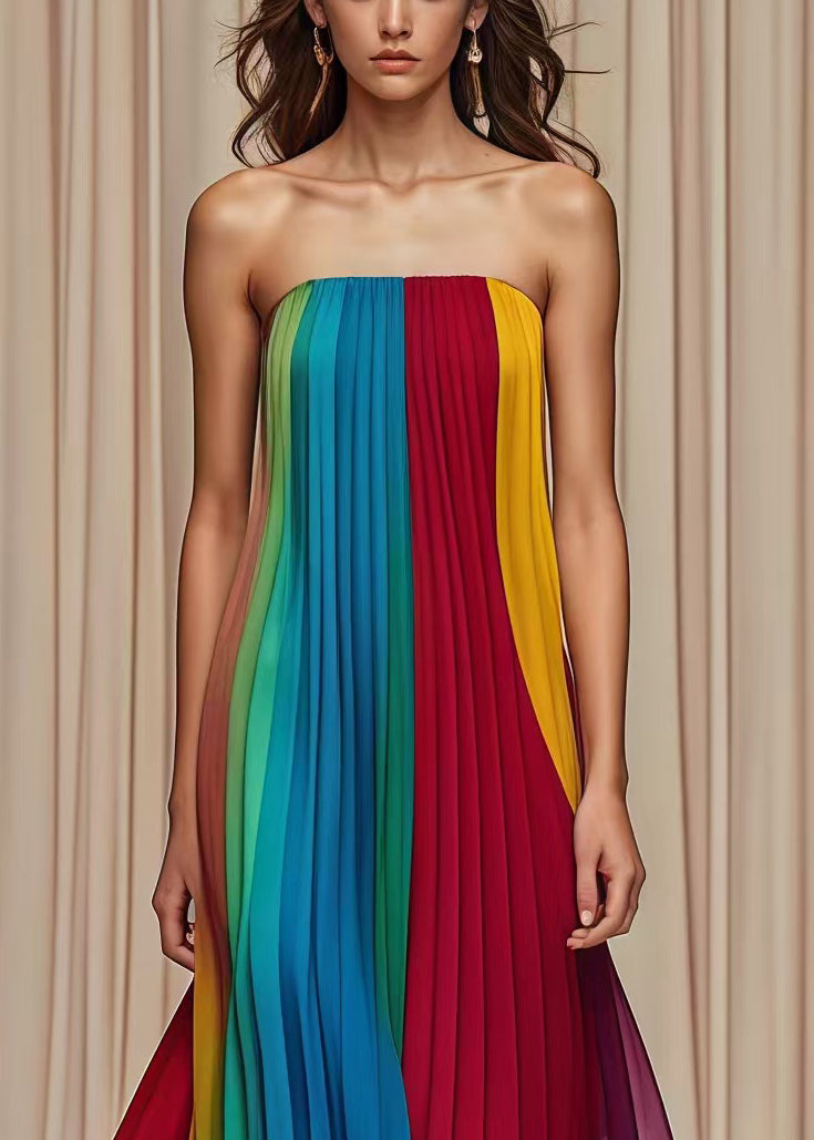 Multicolor Cold Shoulder Wrinkled Chiffon Strapless Dress Summer