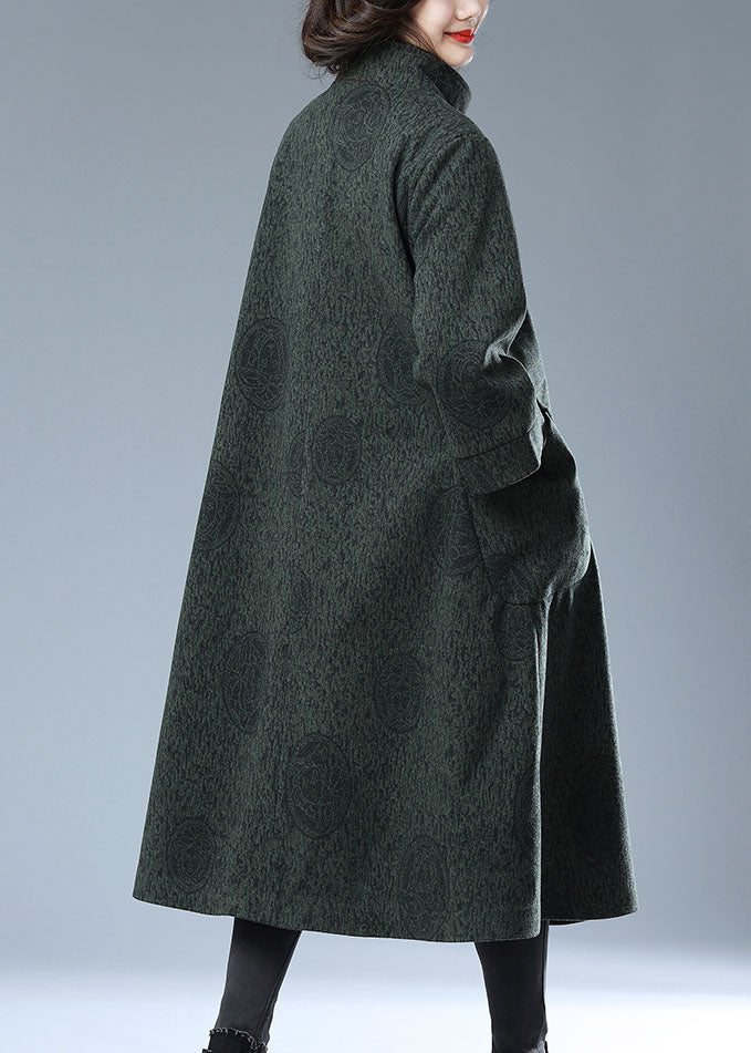 Green Chinese Button Print Pockets Patchwork Woolen Long Trench Coat Fall