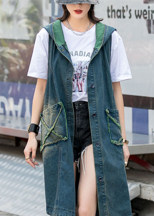 Modern Green Hooded Button Pockets Fall Top Sleeveless Waistcoat