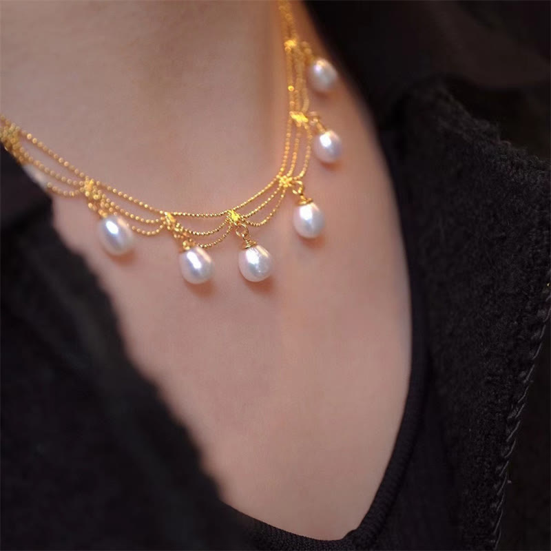 14k Gold Plated Pearl Bead Healing Multilayer Necklace Pendant