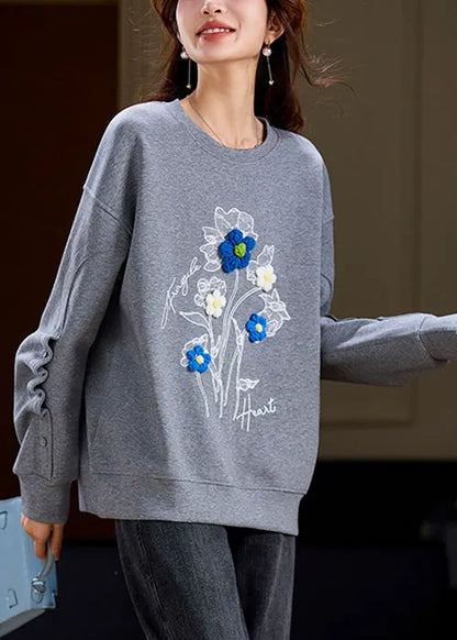 Loose Grey O Neck Patchwork Cotton Sweatshirt Spring