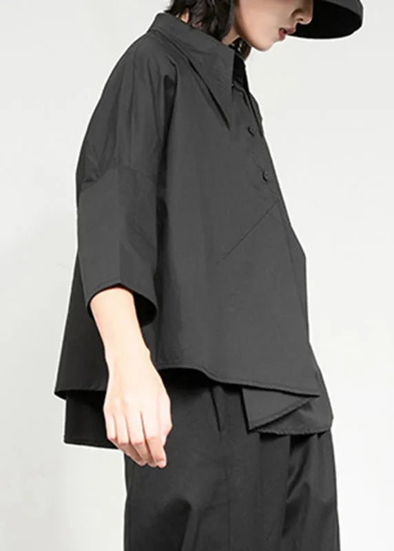 Black Peter Pan Collar Asymmetrical Patchwork Button Pockets Shirt Long Sleeve