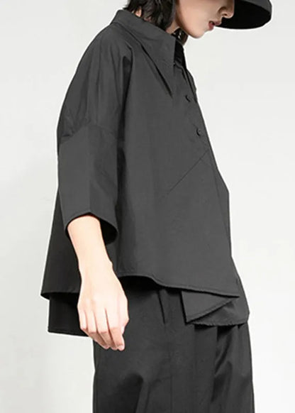 Black Peter Pan Collar Asymmetrical Patchwork Button Pockets Shirt Long Sleeve