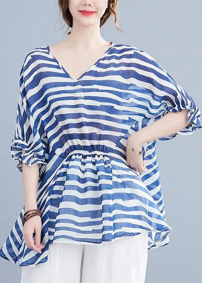Diy Blue Loose Flare Sleeve V Neck Summer Shirts
