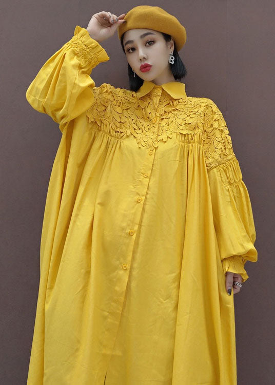Stylish Yellow Puff Sleeve Peter Pan Collar Lace Patchwork Shirt Dress Spring