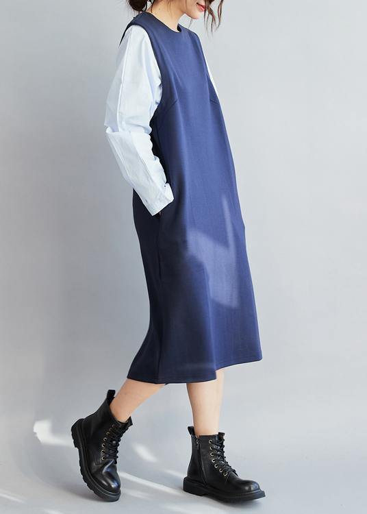 Classy False Two Pieces Cotton Spring Dress for Design Blue Dresses
