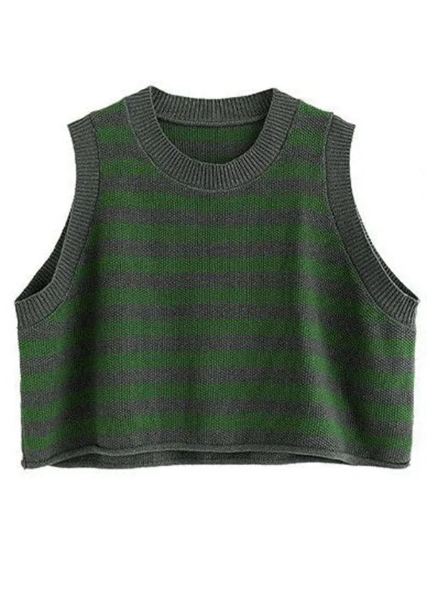 Grey O-neck Striped Knit Vest Spring