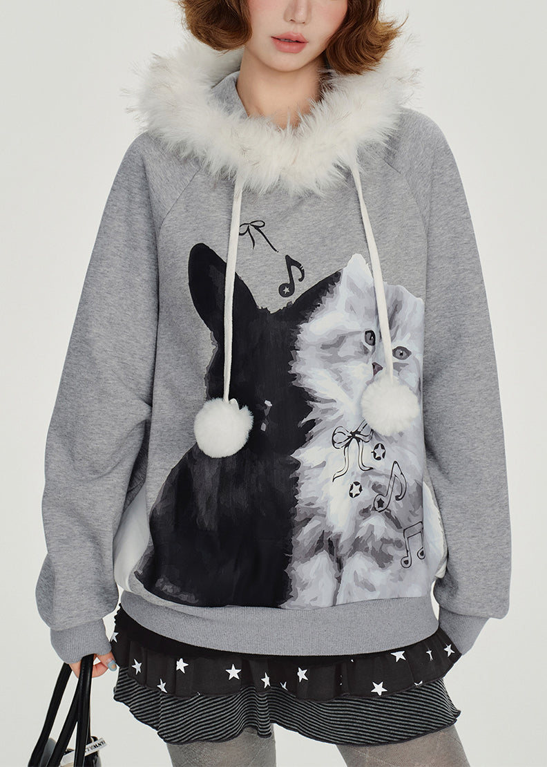 Italian Grey Hooded Print Cotton Pullover Winter
