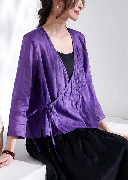 Boutique Purple Tie Waist Asymmetrical Design Summer Ramie Top