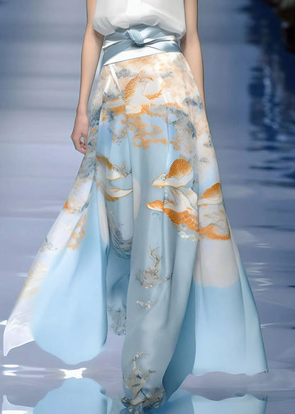 Boutique Print White Shirts and Maxi Skirts Silk Two Piece Set Summer