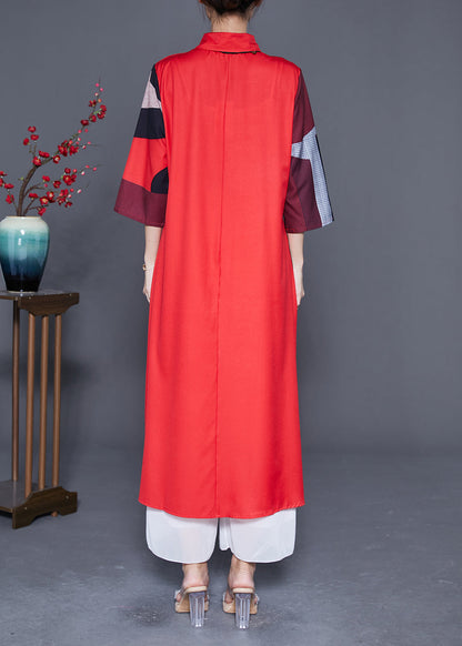 Red Asymmetrical Print Silk Maxi Dress Summer