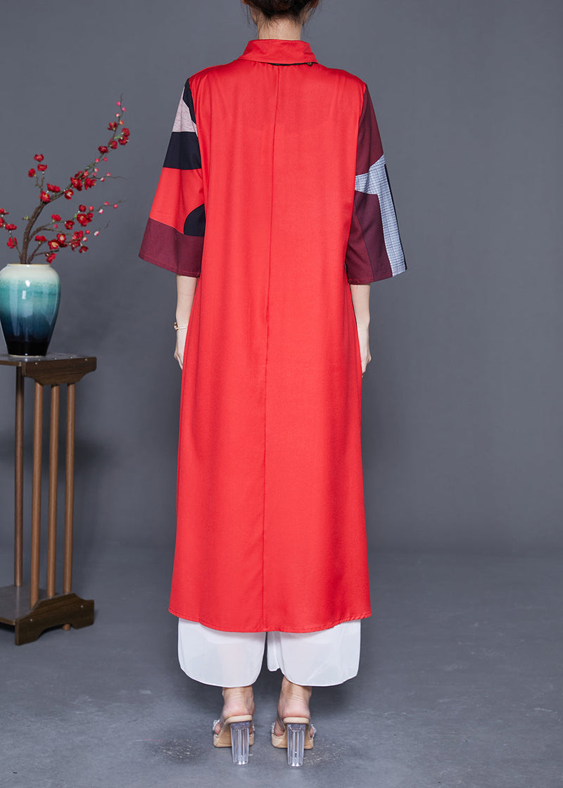 Red Asymmetrical Print Silk Maxi Dress Summer