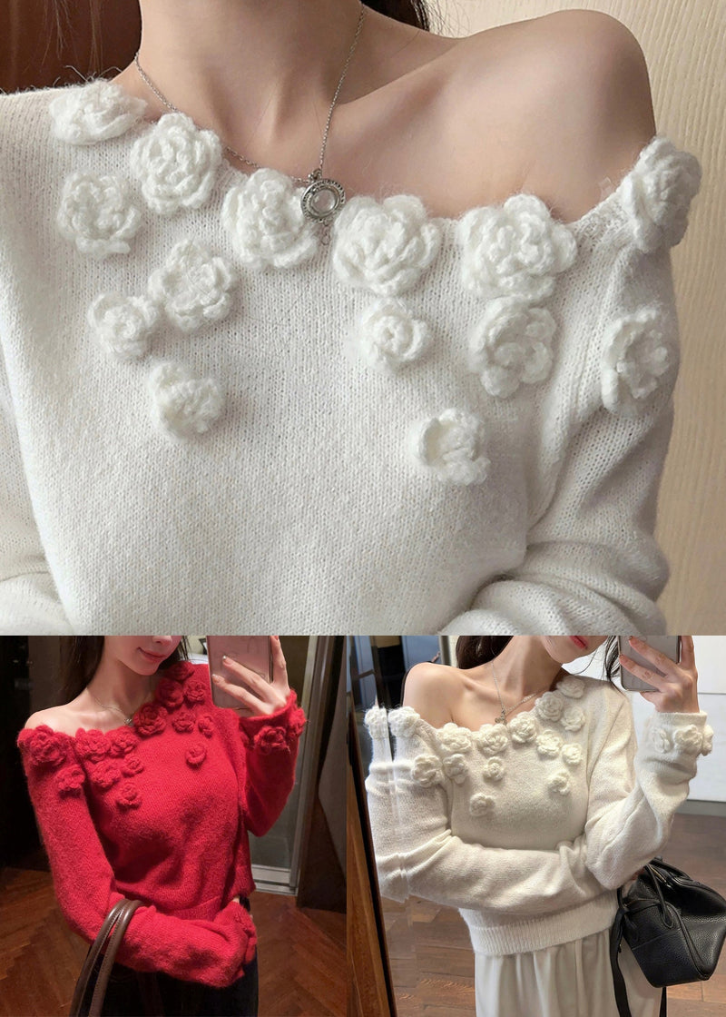 Stylish White Cold Shoulder Knit Sweater Winter