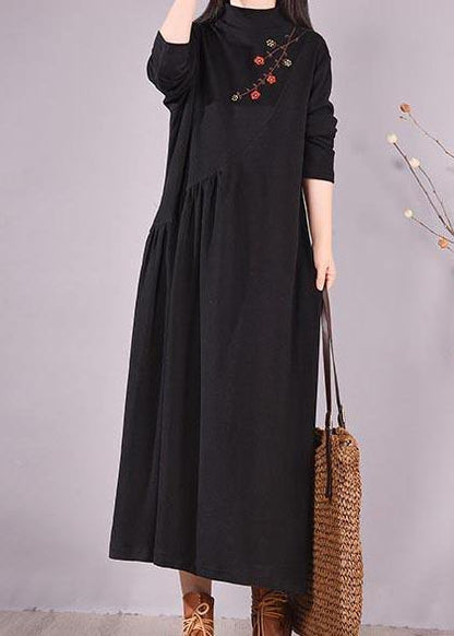 High Neck Cinched Spring Clothes Tutorials Black Embroidery Long Dresses