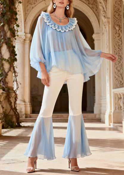 O Neck Ruffled Patchwork Silk Two Piece Set Summer