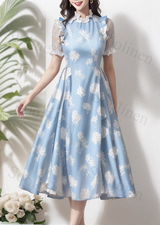 Blue Ruffled Print High Waist Silk Dress Summer